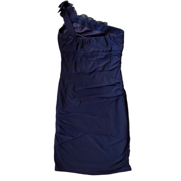 B.Darlin One Shoulder Floral Bodycon Mini Dress Navy Blue Women’s Size Medium M - Picture 4 of 7